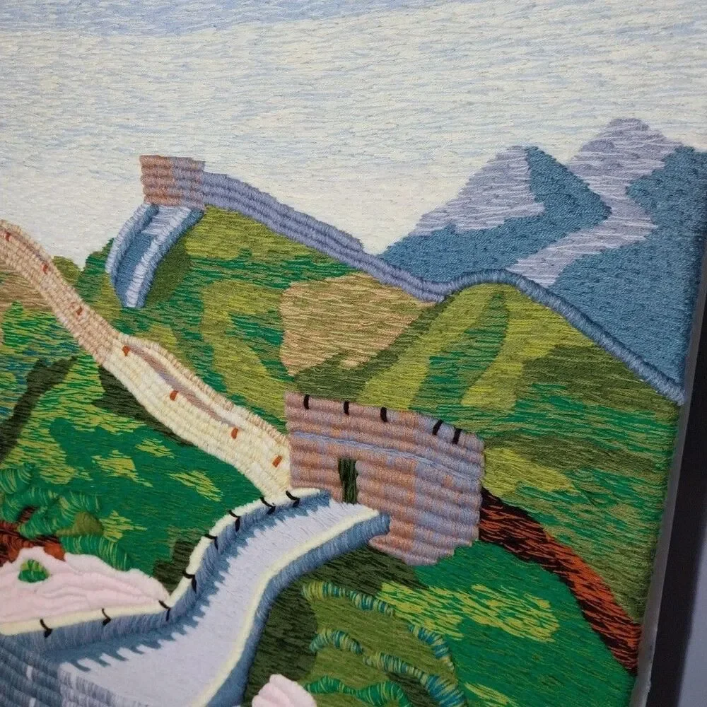 Vintage Chinese 3D Hand Embroidered Great Wall Tapestry Wall Hanging 24.5x31